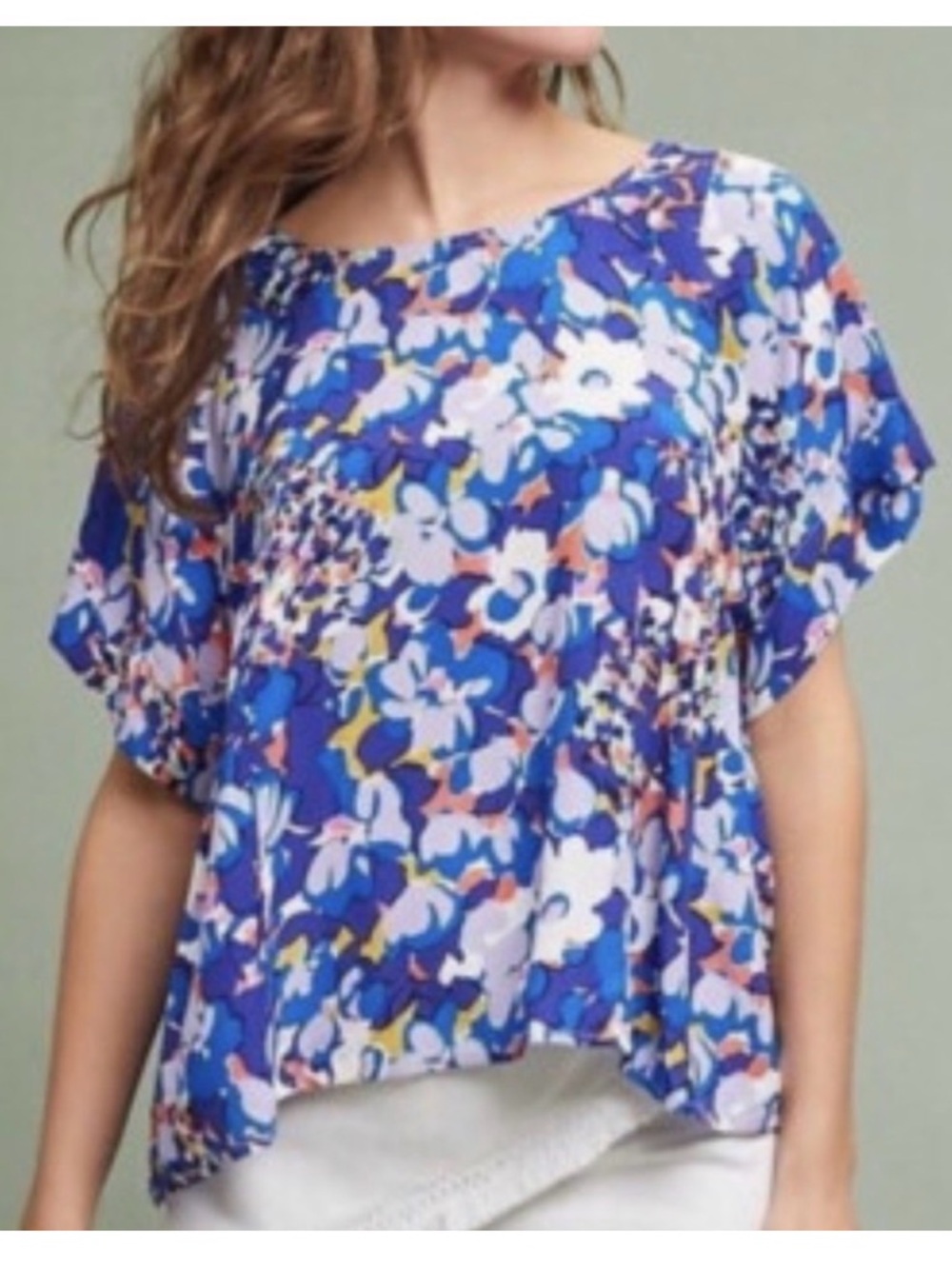 Anthro Maeve Blue Floral Swing Blouse Oversized Peasant Top S